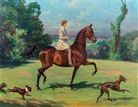 Woman Riding Horseback with Dogs, 1930